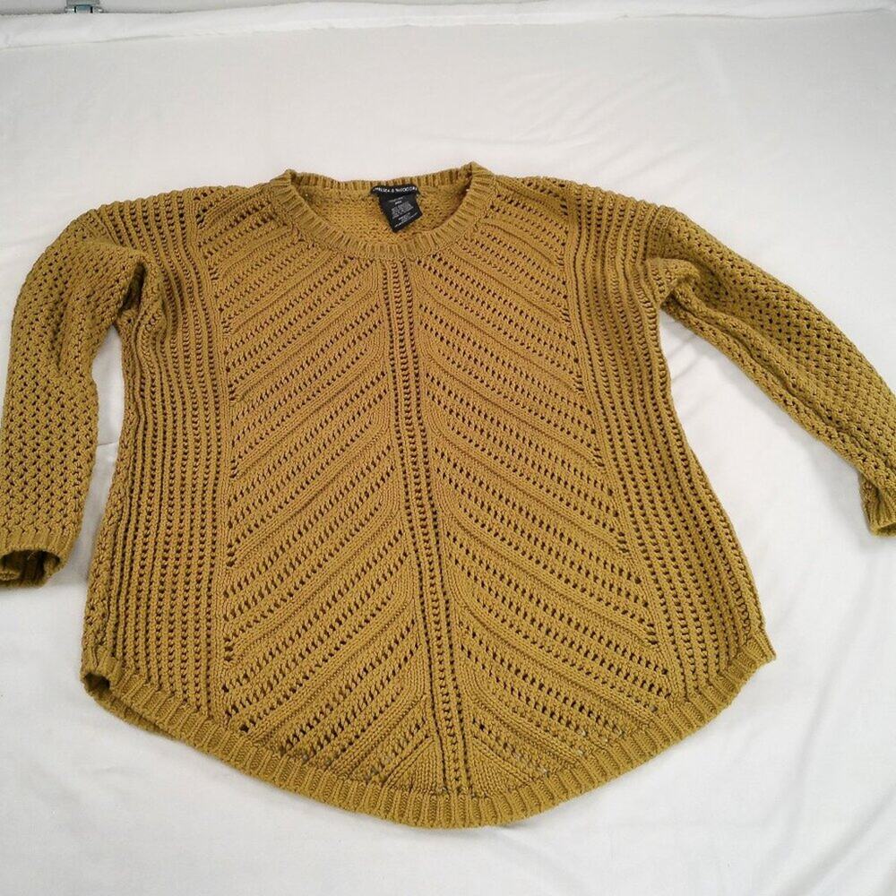 Chelsea & Theodore XXL Open Knit Sweater Olive Mustard Crewneck Lightweight